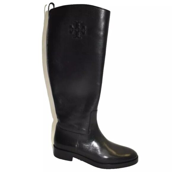 New! Tory Burch The Riding Boot Logo Embossed Black Size 7 W 143822 DD399 - Picture 1 of 7